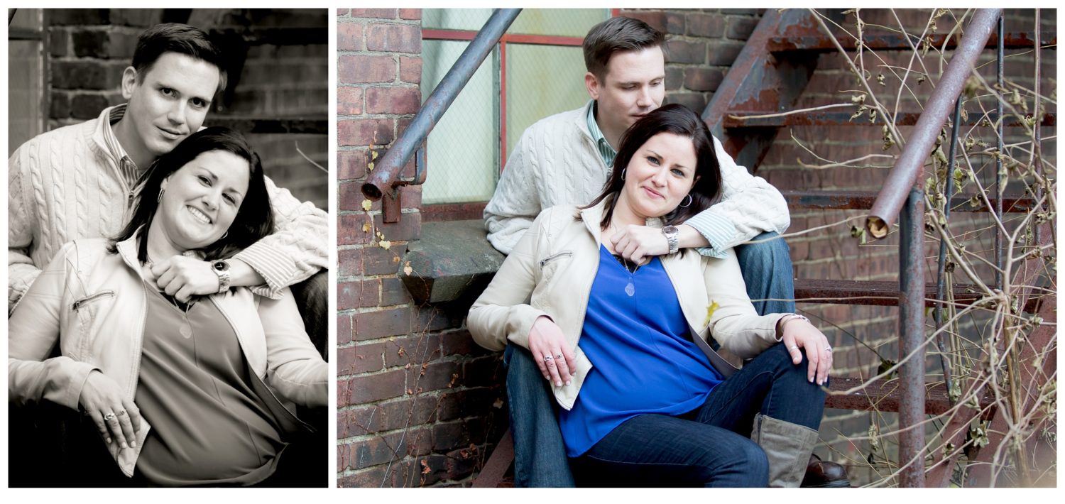 Romantic engagement picture of couple in an urban setting. 