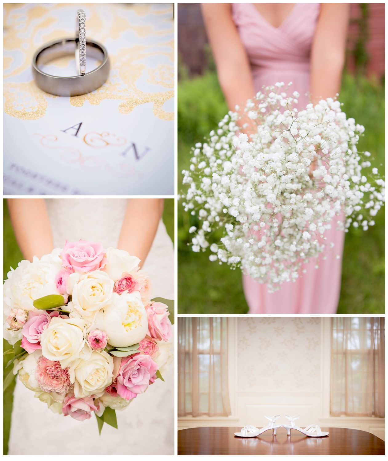 Detail shots of wedding day. Rustic New England Wedding. Soft Pinks, off whites, baby breaths. 