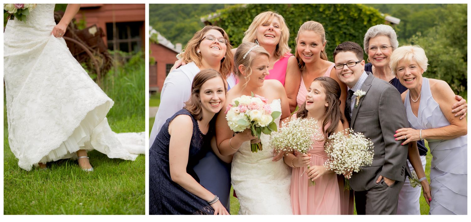 A bride with her ladies before wedding. Rustic New England Wedding day. 