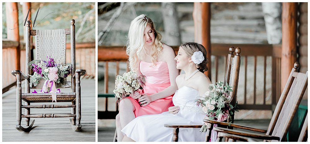 Bride and Bridesmaid wearing pink dress sit on a rustic porch at Camp Takodah in Rindge