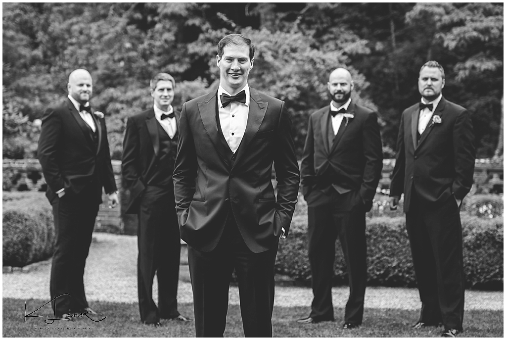 Black and White photo of Groom with his groomsmen at a Bradley Estate Wedding in Canton Ma