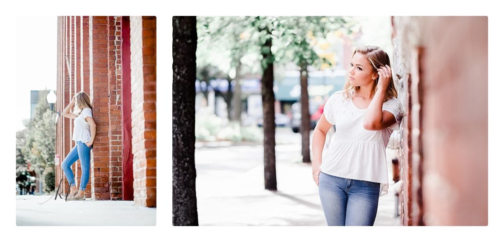 Monadnock Senior Girl with blonde hair is on Maine Street in Keene NH for naturally posed portraits. 