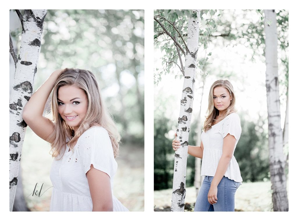 Monadnock Regional High School Senior Portrait-  Pretty Blonde girl standing next to birch trees.  Authentically and naturally posed. 