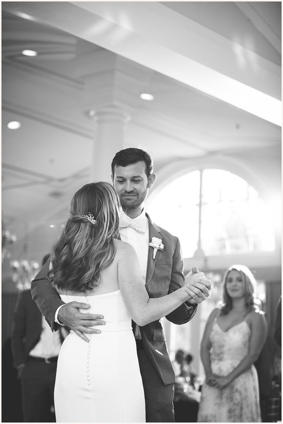 Black and white photo of a bride and groom's first dance at the Equinox Resort Wedding 