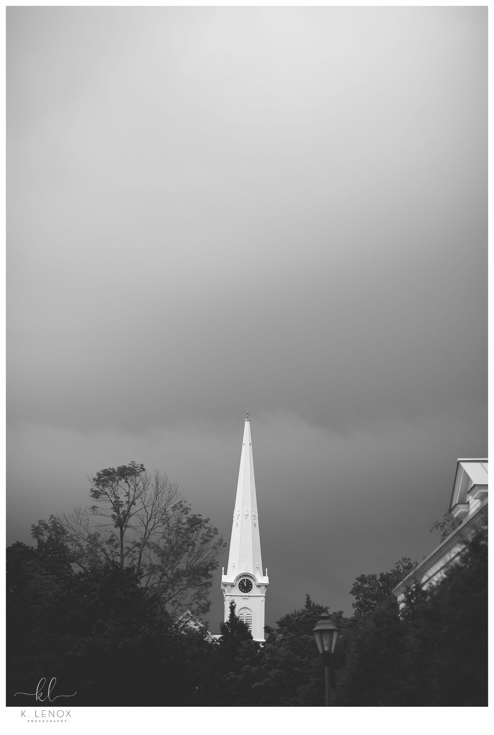 Manchester VT church steeple. Black and White photo. 