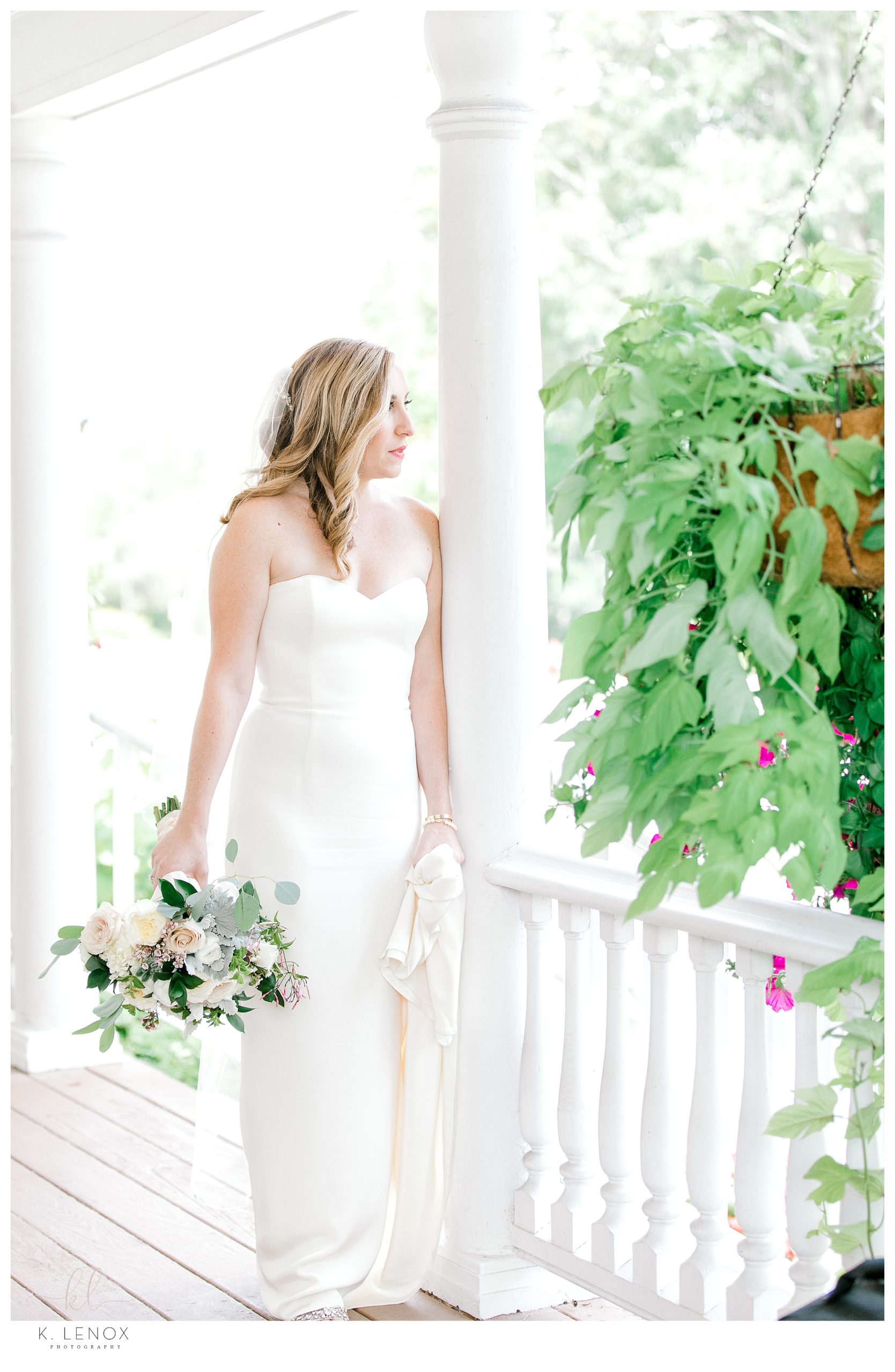 Light and Airy Bridal Portrait on the porch of the Charles Orvis Inn at the Equinox Resort. 