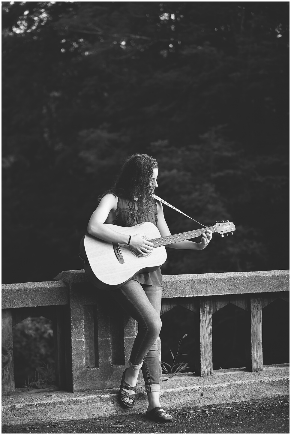 Keene Senior Photography- Black and White image of girl playing guitar. Class of 2018
