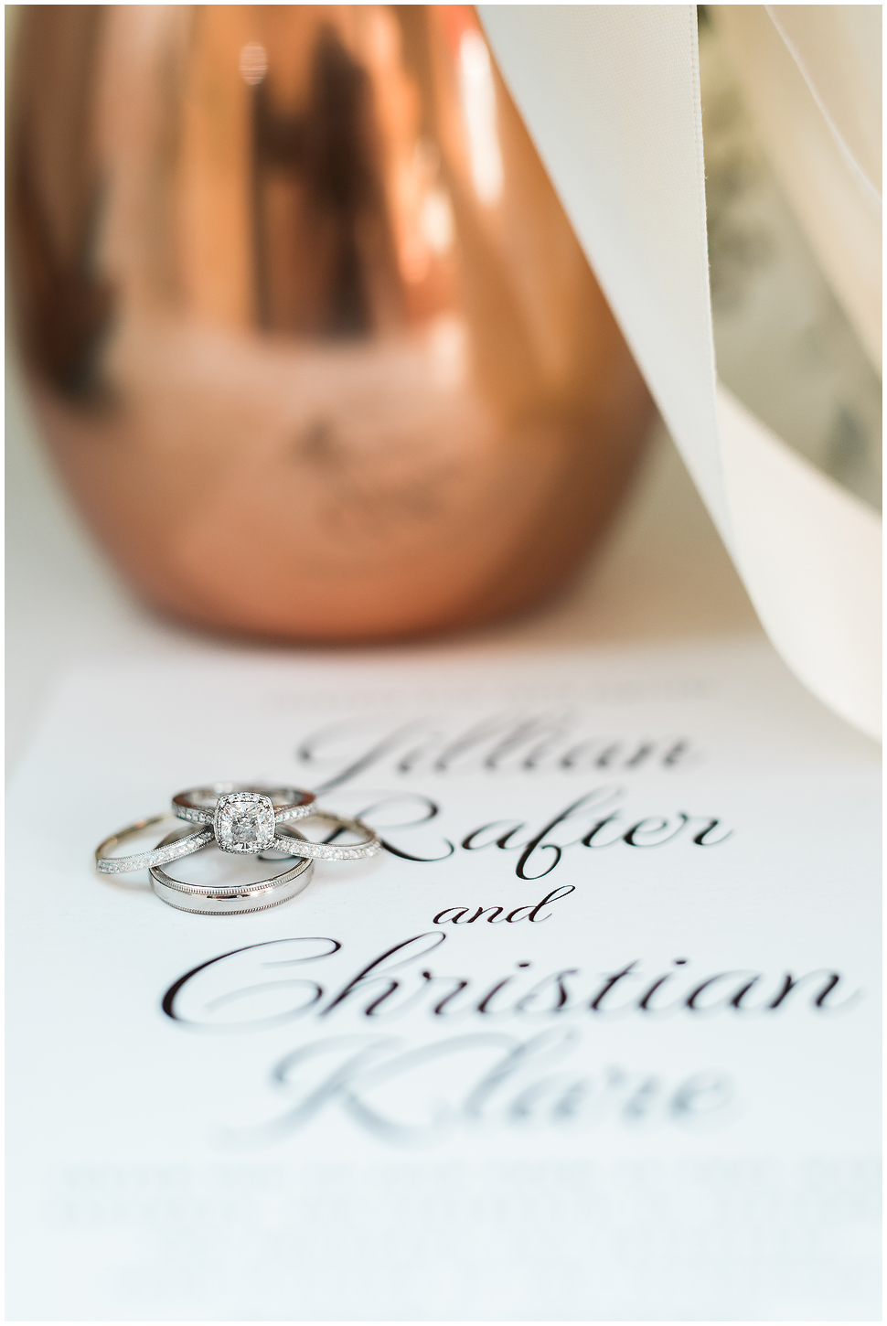 Alyson's Orchard Wedding- Simple white invitations with platinum and diamond wedding rings on it. 