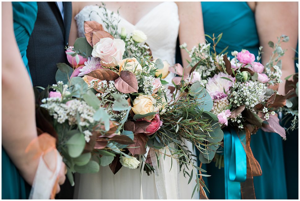 Bouquets with copper leaves made my Naturally Elegant Designs in NH. 