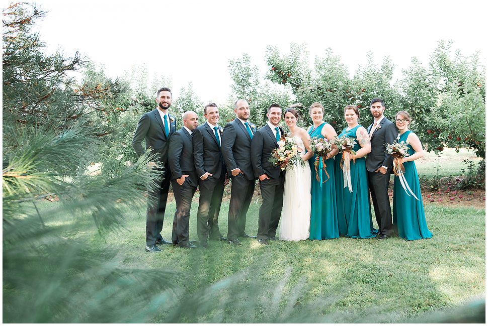 Full Bridal party portrait at Alyson's Orchard. Teal Bridesmaids dresses, Teal ties. 