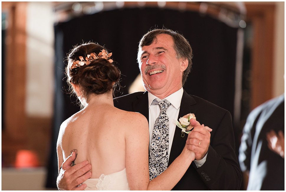 Alyson's Orchard Wedding- Dad laughing as he dances with his bride daughter. 