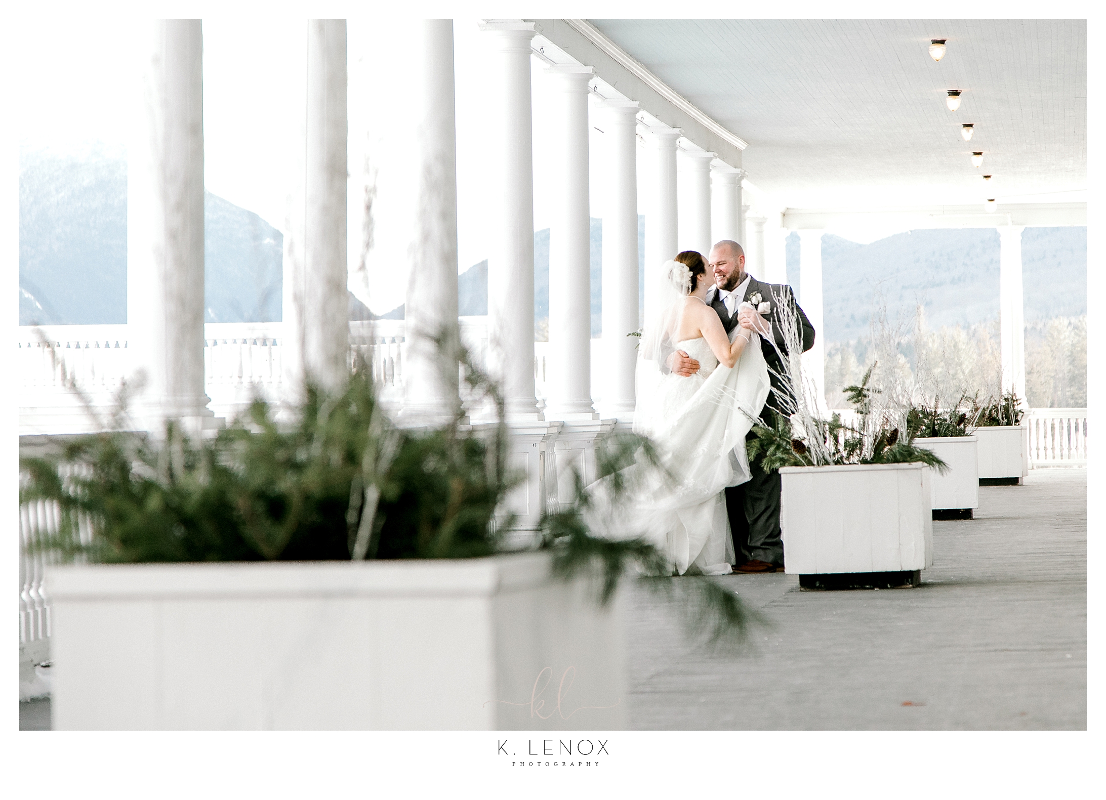 Mount Washington Resort Wedding- Bride and Groom dancing on the veranda 