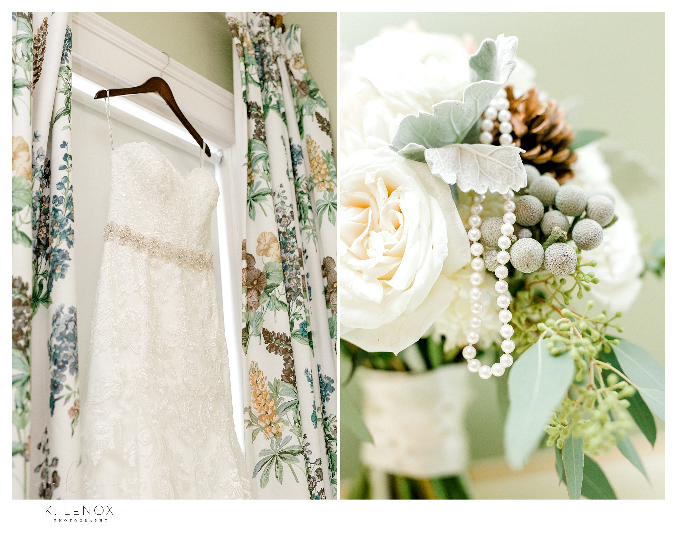 Detail photos showing bouquet with pearls and a wedding dress hanging in the window. 