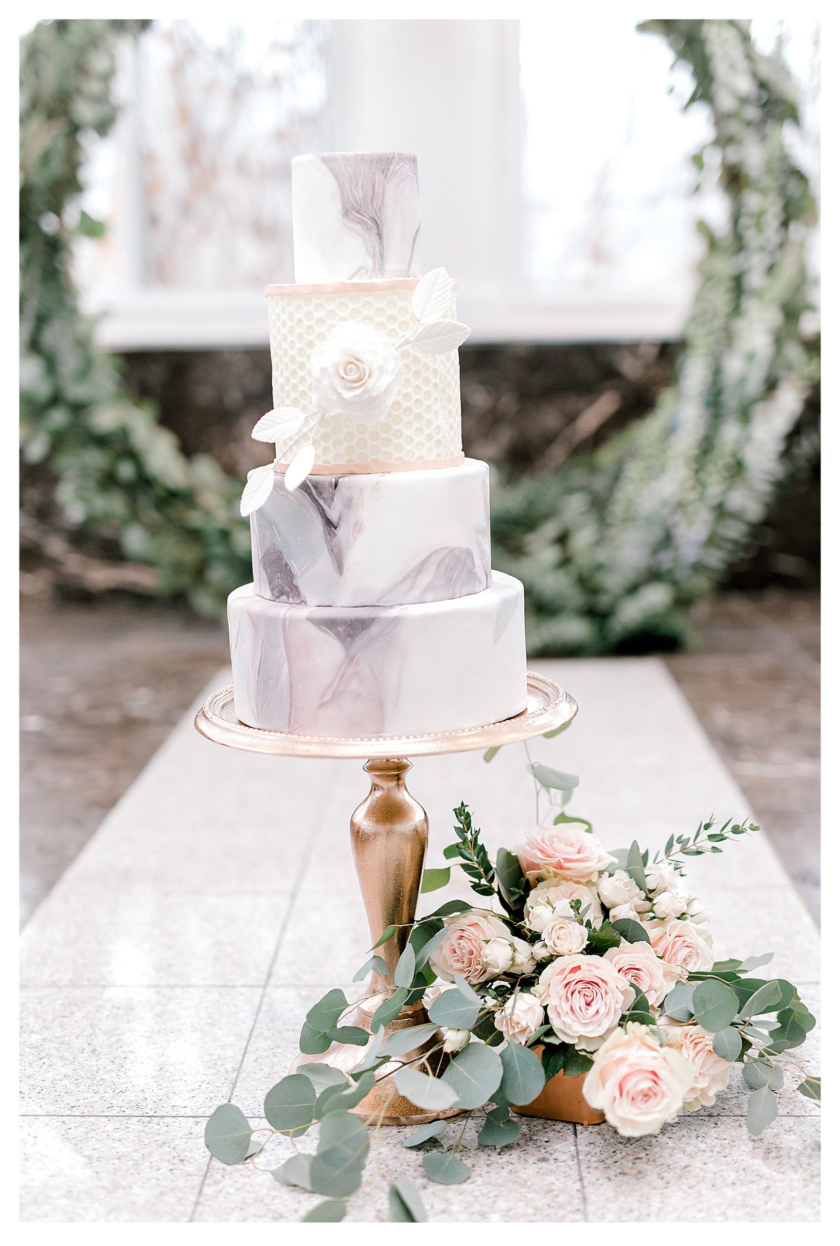 Marble Cake with Silver, Rose Gold, and White on White-  Wedding at Aldworth Manor in Harrisville NH