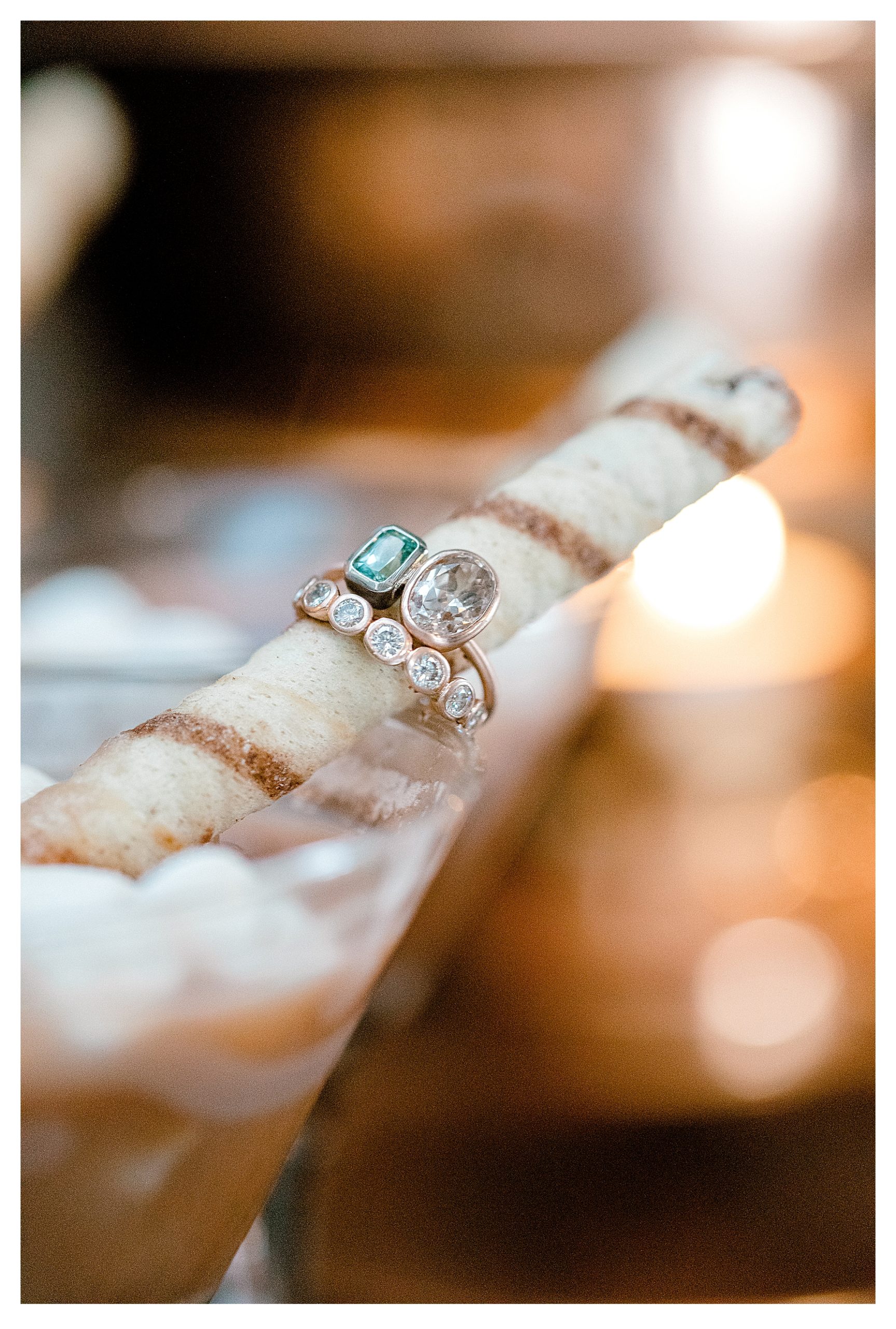 Unique bridal set showing a blue and white stone, custom design rose gold ring