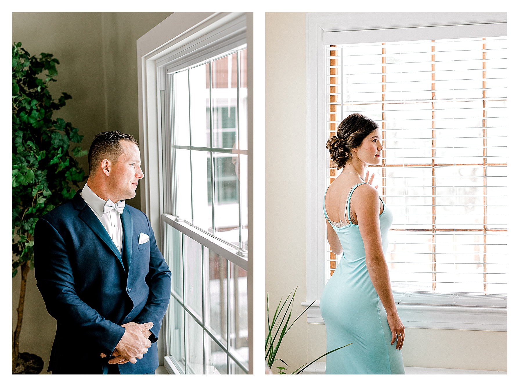 Man and Woman looking out windows as they prepare for their wedding at the Aldworth Manor in Harrisville NH
