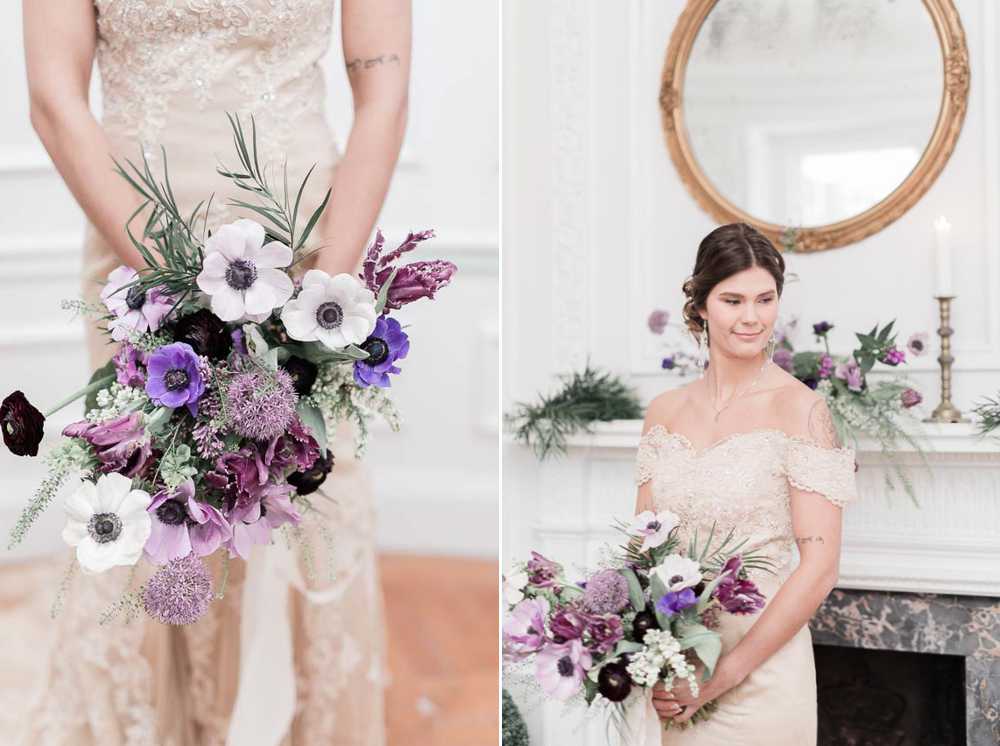 Model Bride wearing a champaign colored wedding dress holding a bouquet of purple and white flowers. 