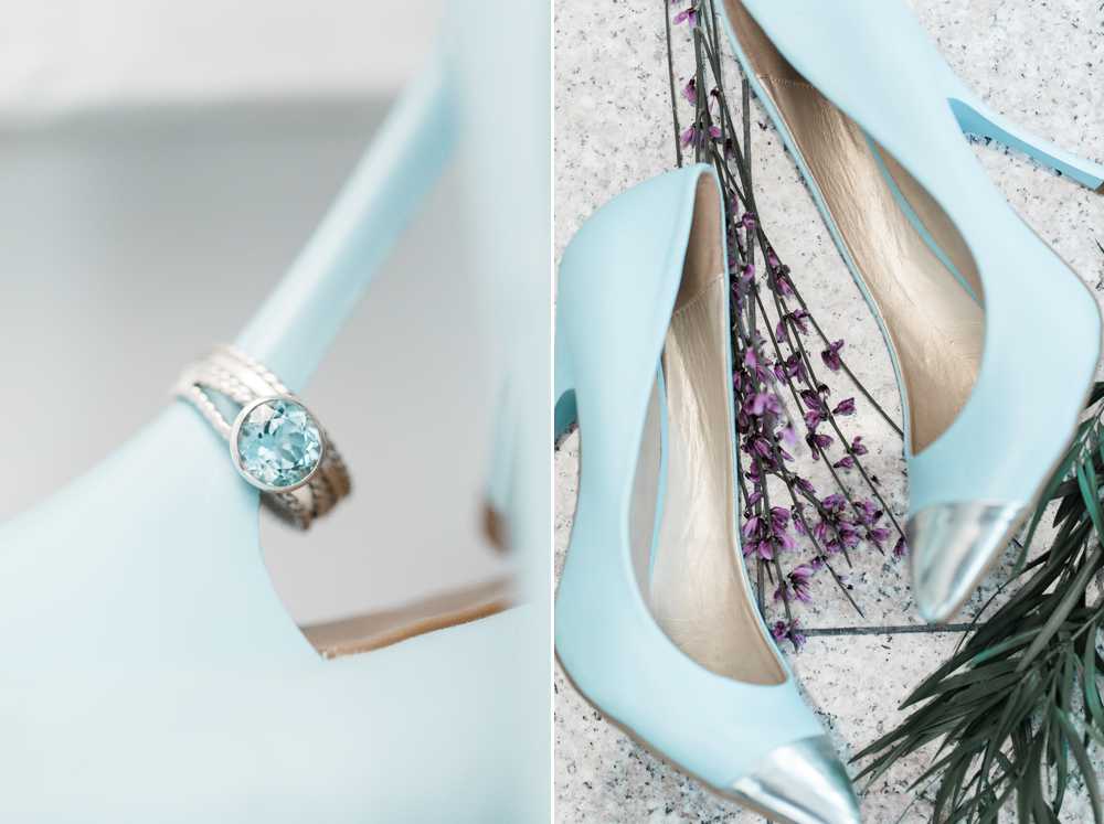 Blue shoes with silver toe tips and a custom designed wedding band set with a blue stone.