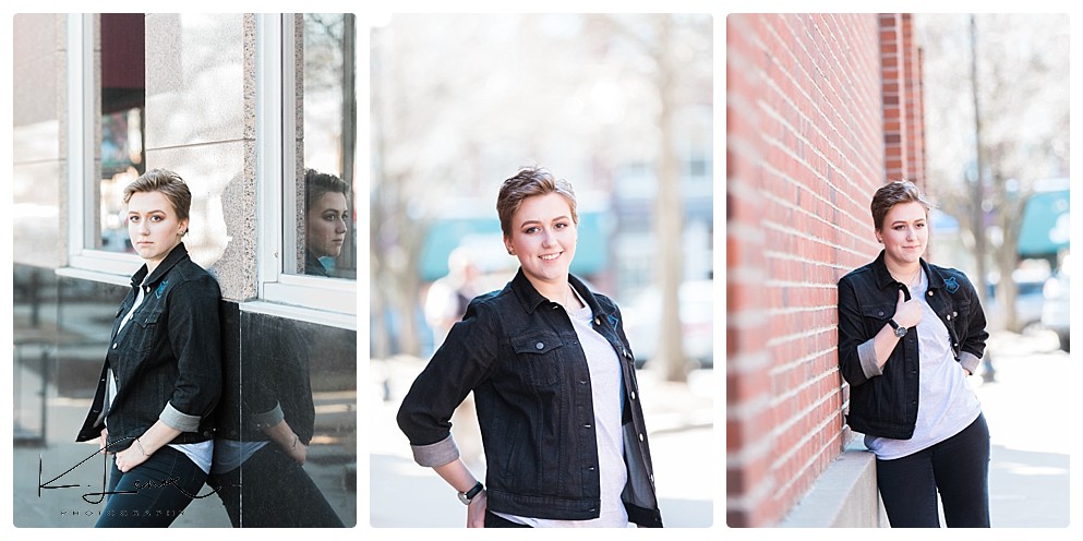 Keene Professional Photographer- senior portraits of girl wearing black jean jacket in downtown Keene NH