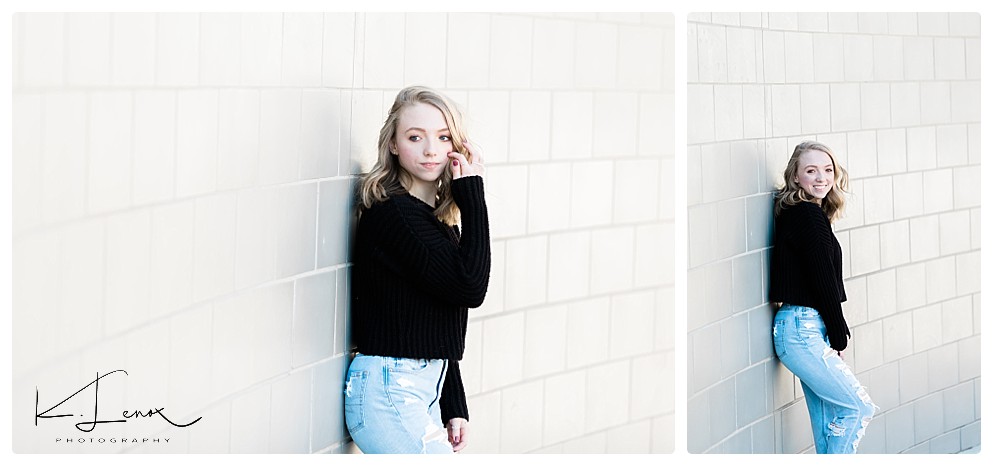 Keene photographers- Senior portraits of a blonde haired blue eyed girl leaning against a wall in downtown Keene nh