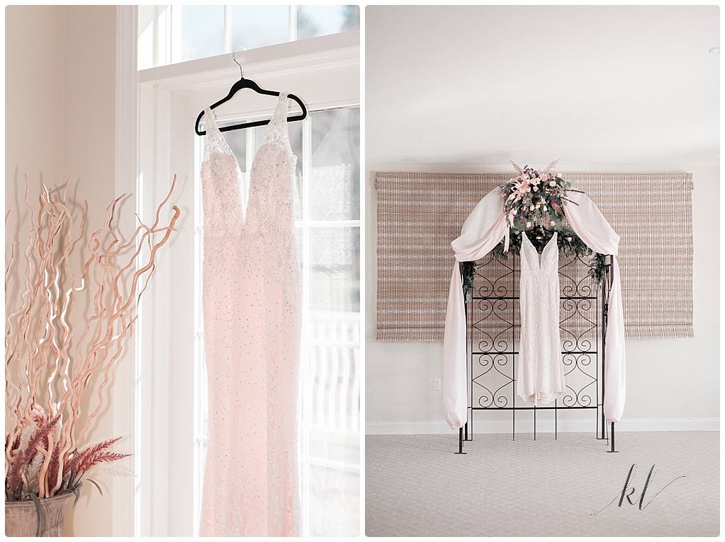 Off White (pinkish) wedding dress hanging for a detail shot. 