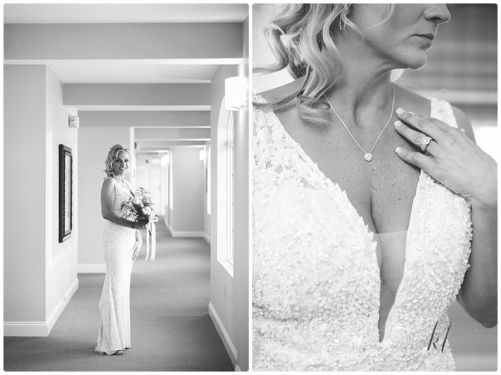 Wedding at Riverside Hotel NH. Black and white image of bride in hotel. 