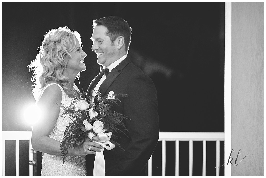 Black and white photo of Bride and Groom at the Riverside Hotel. 