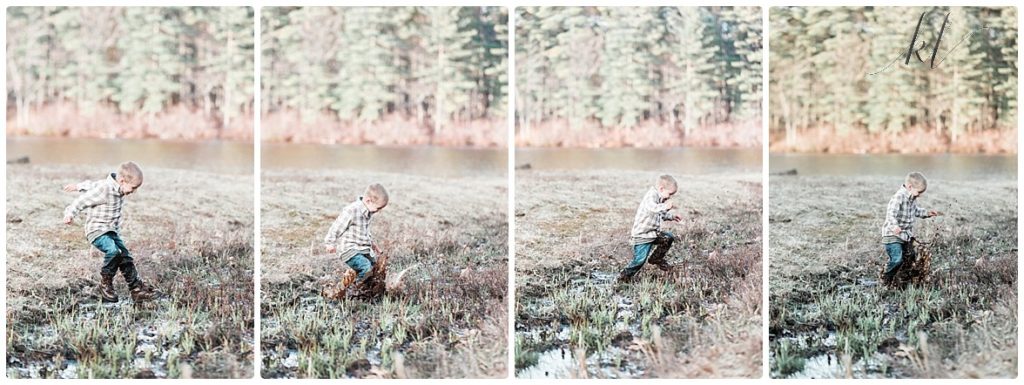 Fun Family Photos- little boy splashing in the mud
