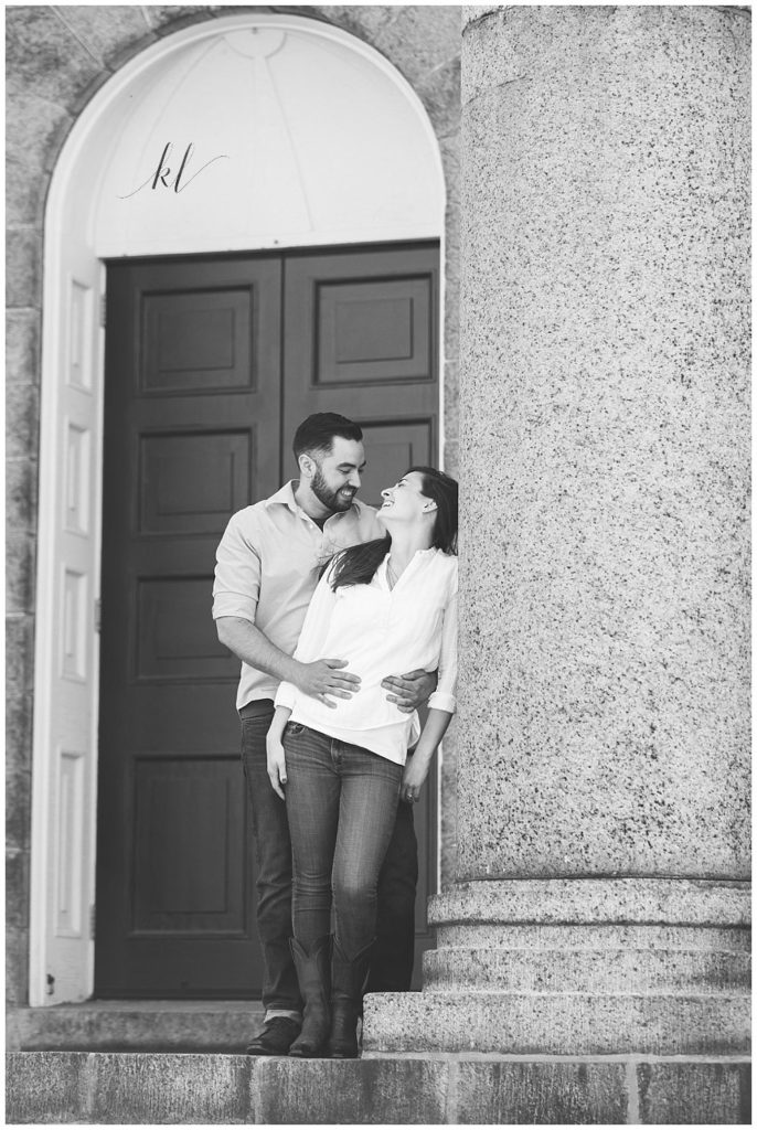 Black and White photo of Unposed and Natural moment during an engagement session