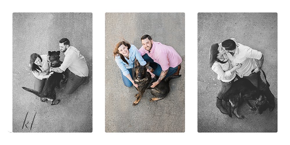 Ariel view of an Unposed and Natural Engagement Photo with German Shepherd Pet dog