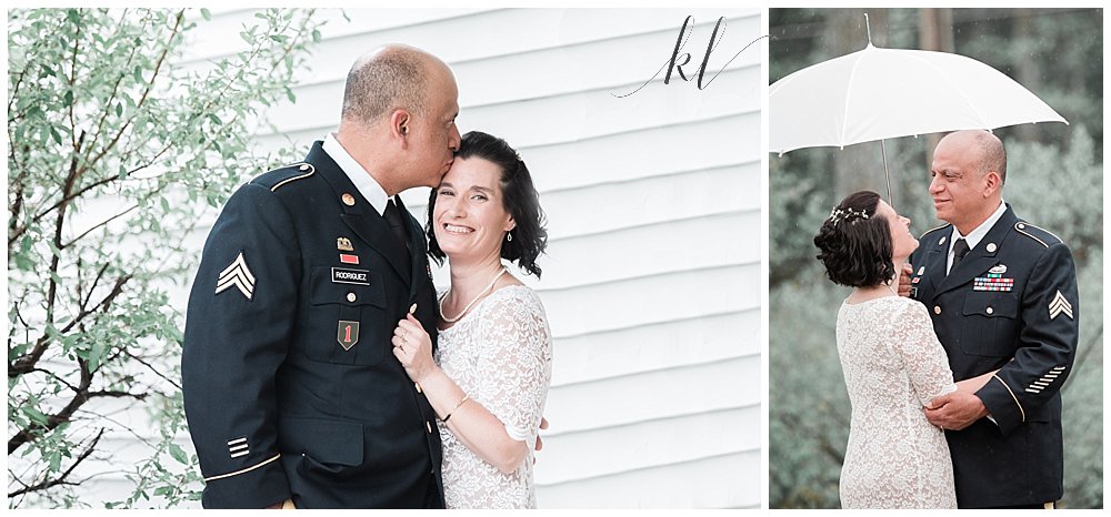Husband in Dress Blues and Wife in simple white dress celebrate their 10 year vow renewal in NH