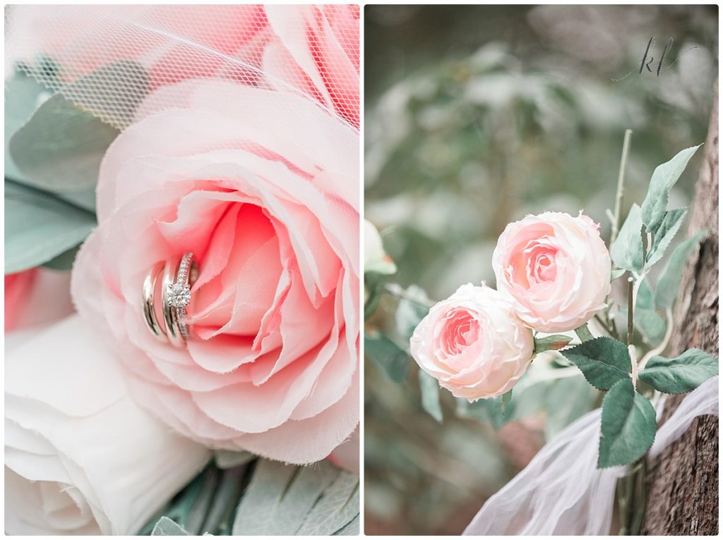 Artificial Light Pink Roses used in a simple backyard wedding bridal bouquet