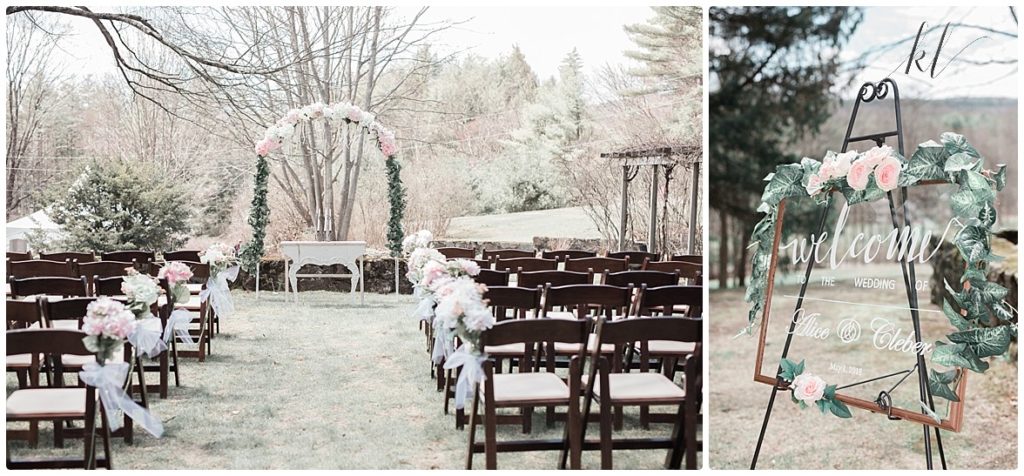DIY backyard wedding ceremony site featuring an arbor and a clear glass welcome sign. 