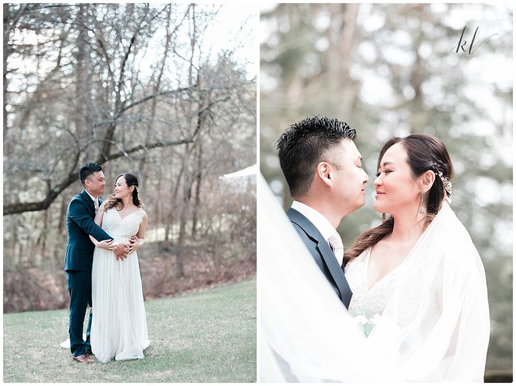 Korean couple embracing after their simple backyard wedding ceremony. Natural and authentic posing showcasing true emotion. 