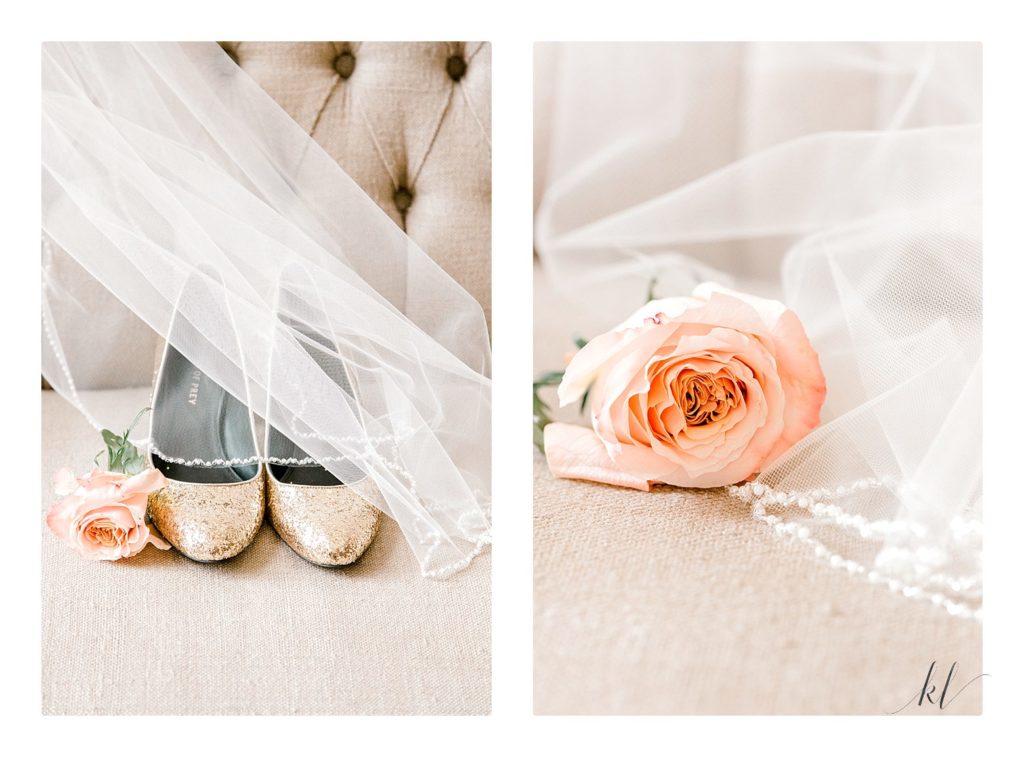 Peach rose detail shot with gold shiney shoes and a bridal veil.  Light and airy photos. 