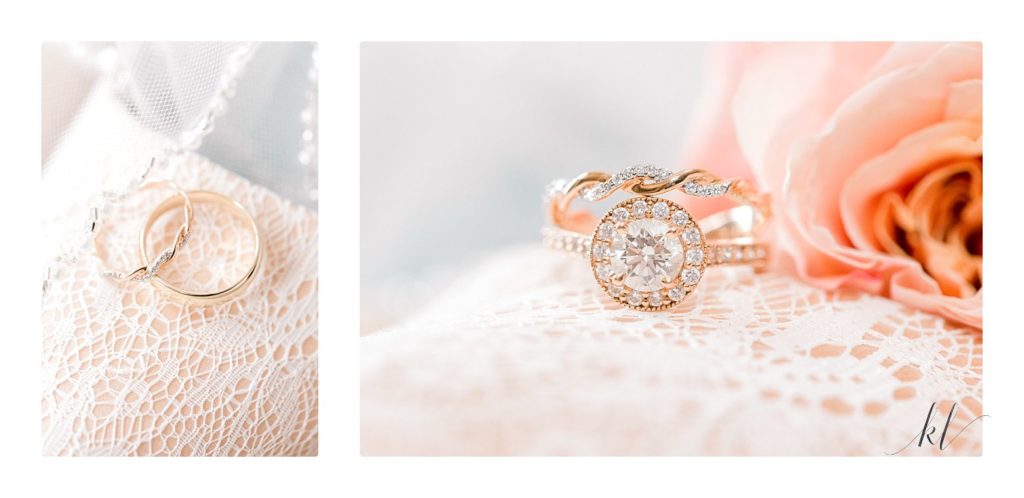 Detail photos of yellow gold and diamond wedding and engagement rings. 