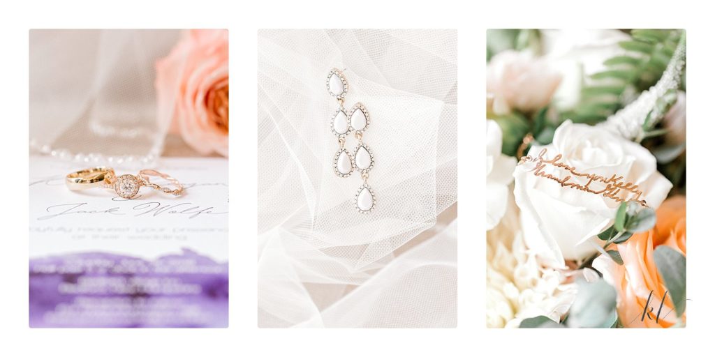 Triptych photo of wedding day details showing rings, earrings and a gold bracelet on a white rose.  