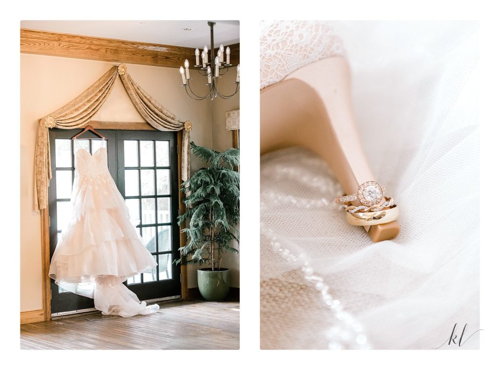Photo of princess style wedding gown by designer Essense of Australia in moscato hanging from door at the Bedford Village inn.  
