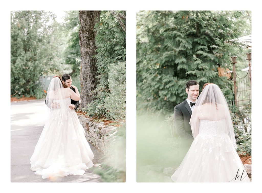 Groom sees his bride for the first time at their Bedford village inn Summer wedding. 
