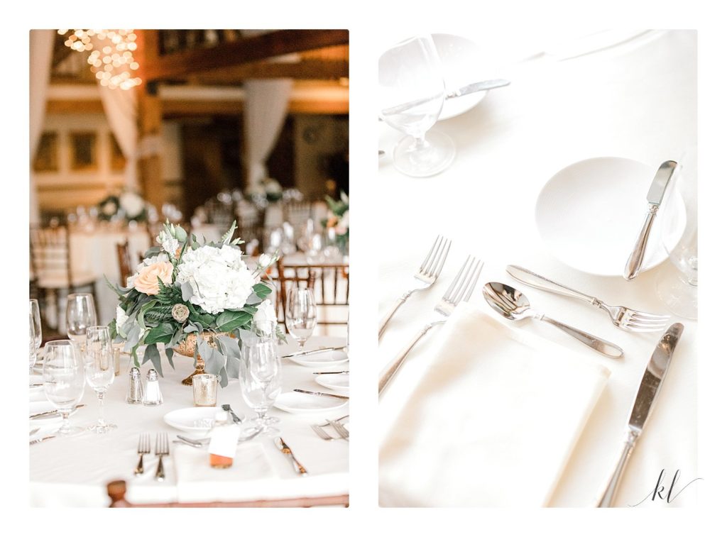 Bedford Village Inn summer wedding reception hall table center piece and close up of white sliver ware. 