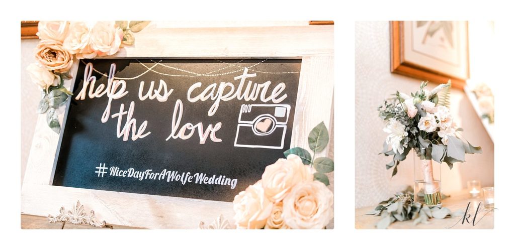 Chalkboard sign at bedford village Inn wedding with personalized wedding day hashtag.  #nicedayforawolfewedding. 