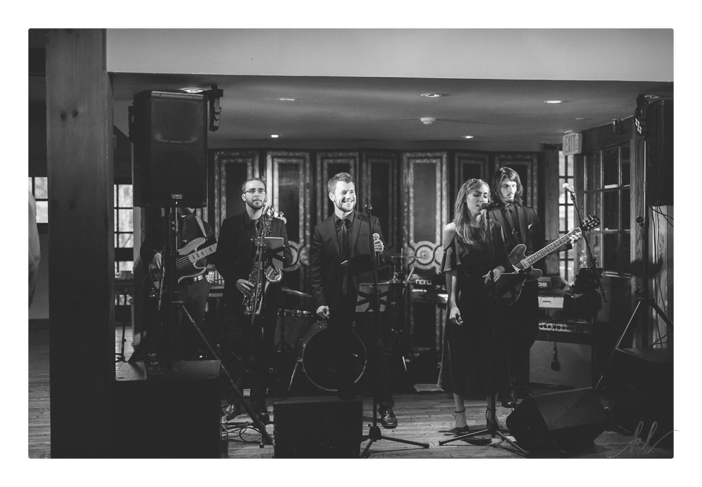 Black and White photo of wedding band "Closing Time".  Taken by K. Lenox Photography