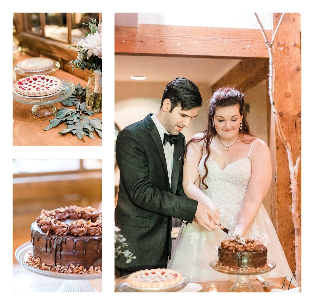 Bride and Groom cut the cake during their Bedford Village Inn Summer Wedding reception. 