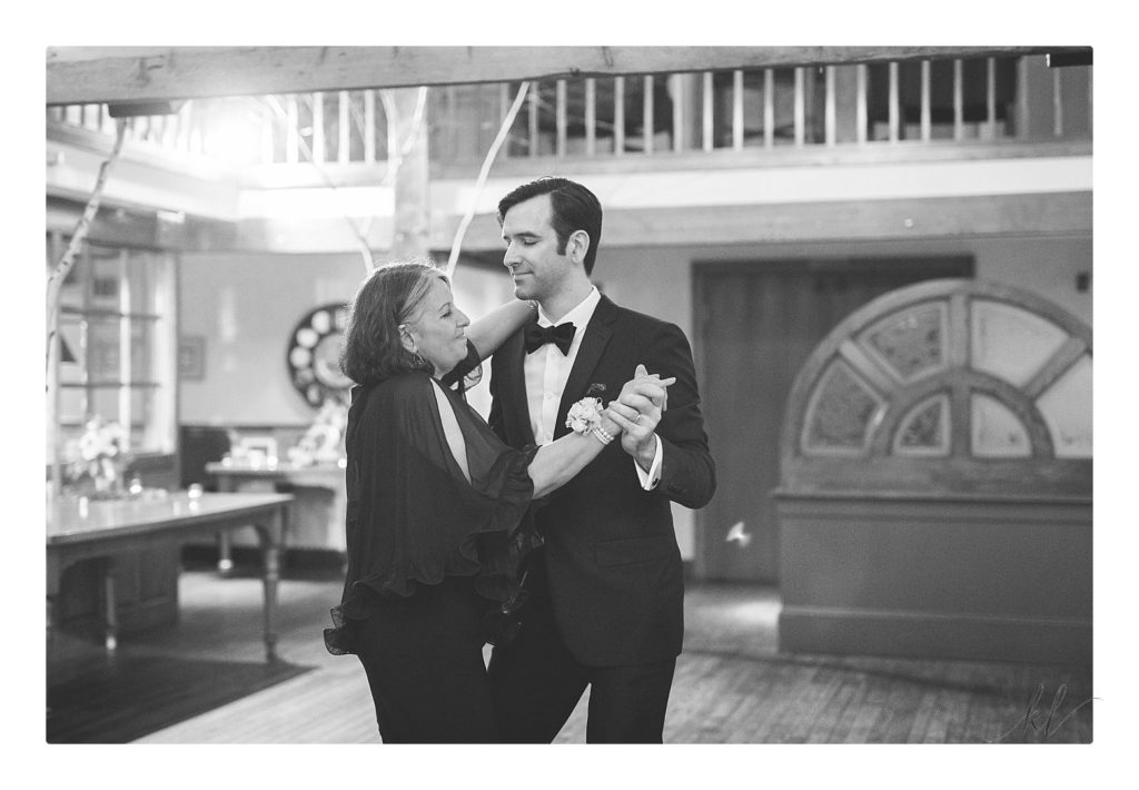 Black and White photo of a Mother and Son dance at the Bedford Village Inn summer wedding. 