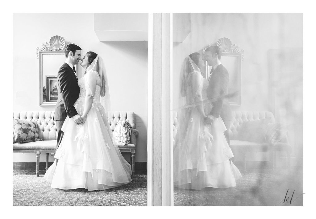 Creative black and white portrait of a bride and groom at the Bedford Village Inn. 