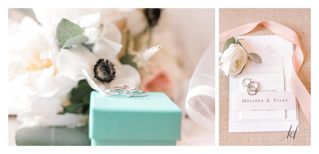 Detail photos of Tiffany's Wedding band collection in Platinum and a wedding invitation suite. 