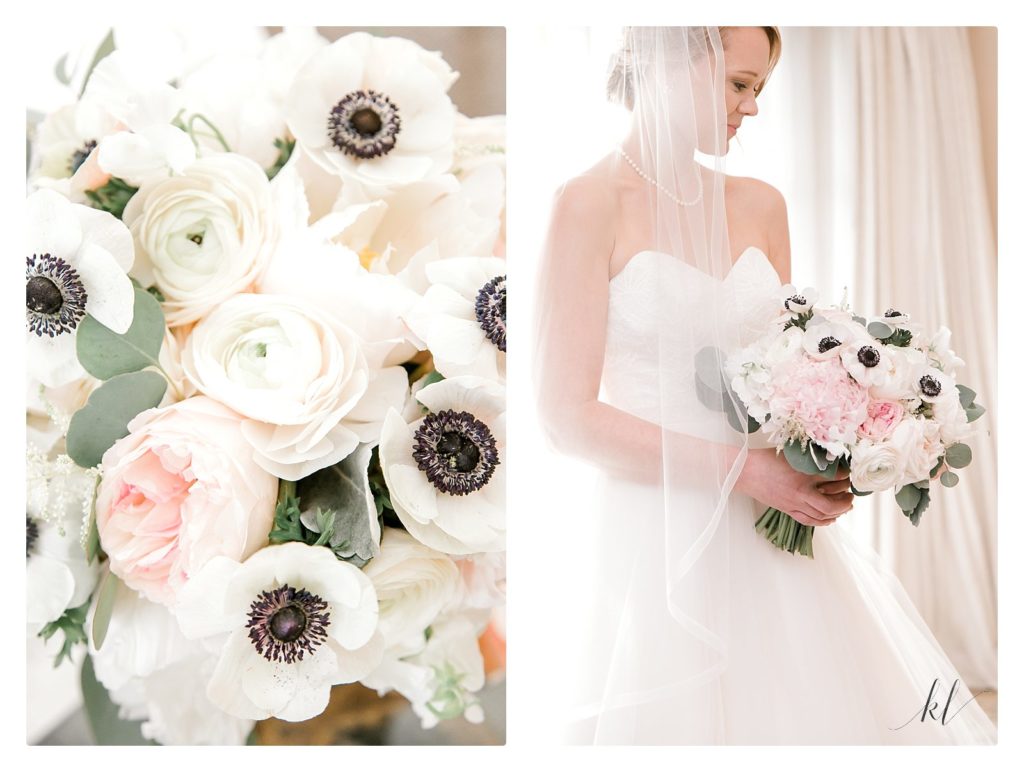 Bridal bouquet with white anemones and other white and pink flowers. 