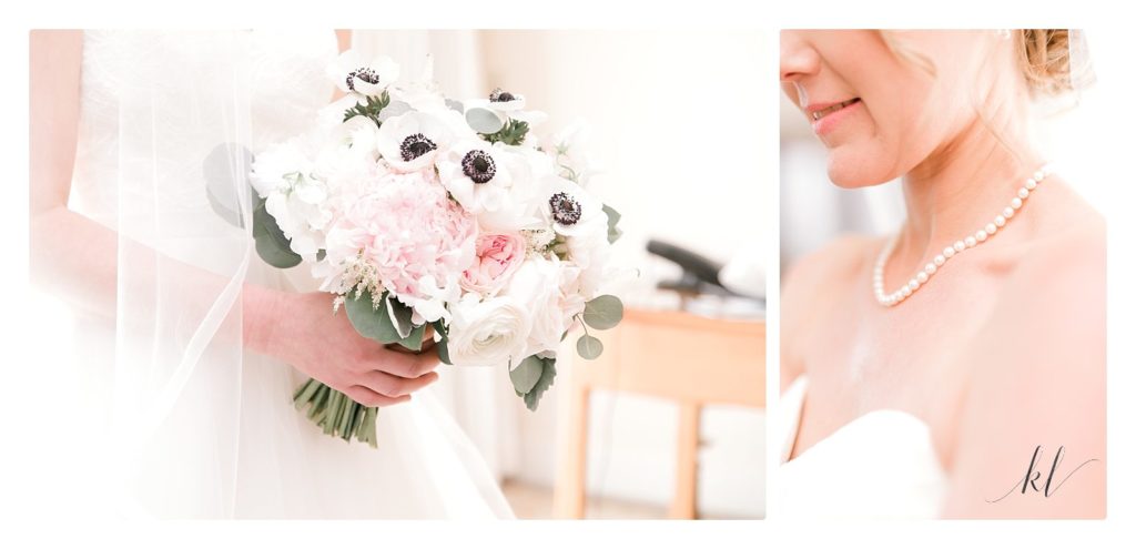 Light and Airy detail photos of the bride's white and pink flowered bouquet and pearl necklace. 