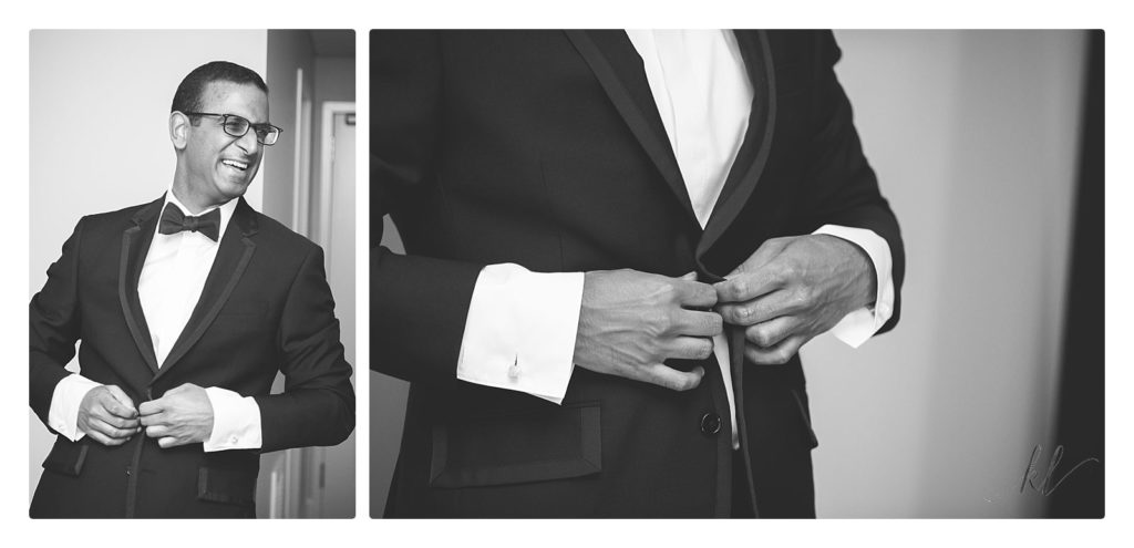 Black and White photos showing a groom getting ready for his wedding at the Bedford Village Inn. 