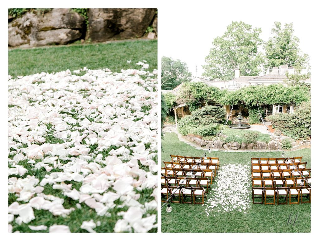 Ceremony site at the Bedford Village Inn. Showing white flower petals on the aisle. 
